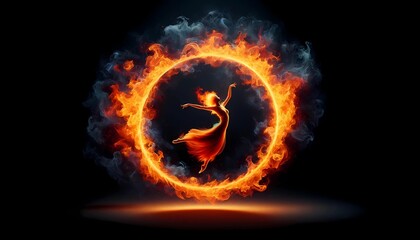 A woman dances gracefully inside a ring of fire against a black matte background. The flames form a perfect circle around her as she moves elegantly.