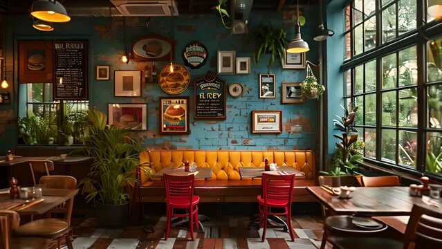 This Numerous tables and chairs fill the bustling restaurant. Interior of a Busy Restaurant