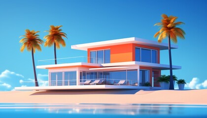 Fototapeta premium Modern beach house with palm trees and clear blue skies in the background, featuring floor-to-ceiling windows and a spacious deck area.