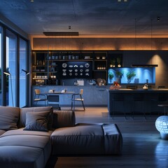 Modern open-concept living room and kitchen with stylish lighting, sleek furniture, and a minimalist design. Cozy ambiance with natural light.