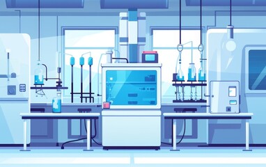 Modern scientific laboratory with advanced equipment and technology, featuring glassware, machines, and tools for experimental research.