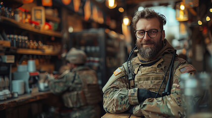 Fototapeta premium military personnel in a hipster coffee shop drinking coffee. sunny day generative ai