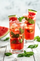 Watermelon drink in tall glasses with slices of watermelon on white wooden background 