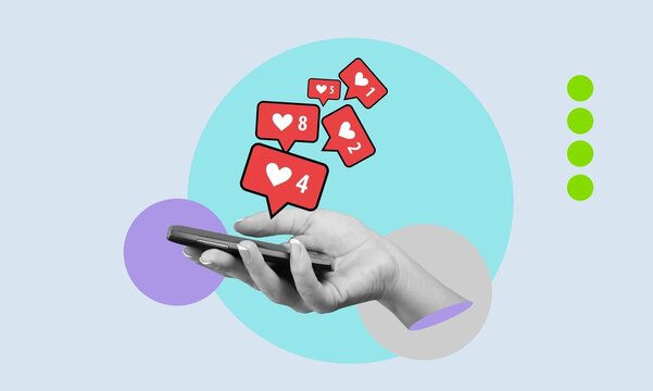 Collage creative hand hold phone with social media