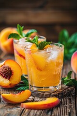 Fototapeta premium homemade peach lemonade with ice cubes, and mint in glasses on wooden background 