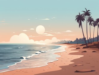 Serene beach illustration at sunset with gentle waves, palm trees, and a pastel sky, capturing a tranquil coastal atmosphere.