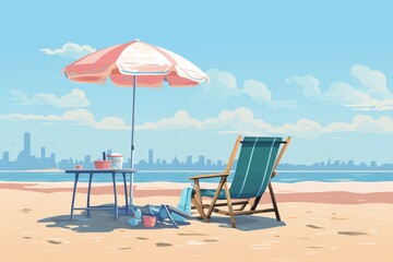 Serene beach scene with umbrella, deck chair, and table against city skyline backdrop, perfect for relaxation and vacation themes.
