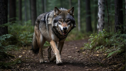 Obraz premium Angry and fierce wolf flashing fangs in the forest