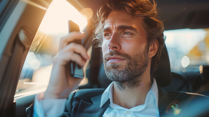 potrait Young business working and call phone in car during travelling to office.generative ai
