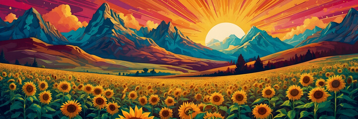 A captivating illustration of sunflowers blooming in a valley with majestic mountains and a sunrise backdrop