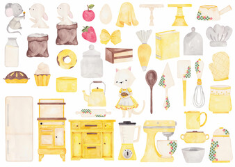 Set Kitchen Vintage Yellow Watercolor 