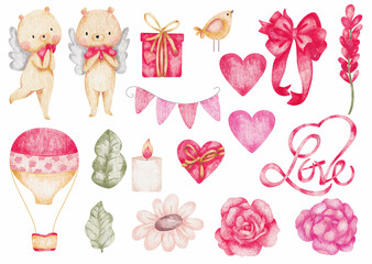 Set Love Bear Valentine Days Watercolor