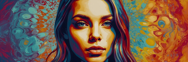 A striking digital painting featuring a detailed portrait of a woman with abstract color swirls in the background