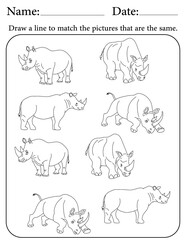 Rhino Puzzle. Printable Activity Page for Kids. Educational Resources for School for Kids. Kids Activity Worksheet. Match Similar Shapes