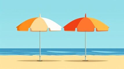 Obraz premium Two colorful beach umbrellas on a sandy beach with a calm ocean backdrop, perfect for a relaxing summer day by the sea.