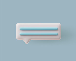 3D glossy white speech bubble with blue text lines, chat message vector icon, render volume rectangle text bubble shadow