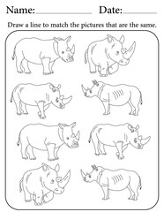 Rhino Puzzle. Printable Activity Page for Kids. Educational Resources for School for Kids. Kids Activity Worksheet. Match Similar Shapes