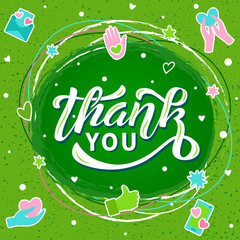 Thank you white lettering on textured background. Hand drawn vector illustration with text decor with friendly icon for greeting card or template. Positive motivational nice quote for poster or banner