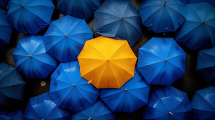Bright Yellow Umbrella Standing Out Among Blue Umbrellas - Unique Contrast in Rainy Weather
