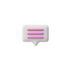 3D glossy white speech bubble with pink text lines, vector rectangle text bubble volume form, chat message dialogue icon