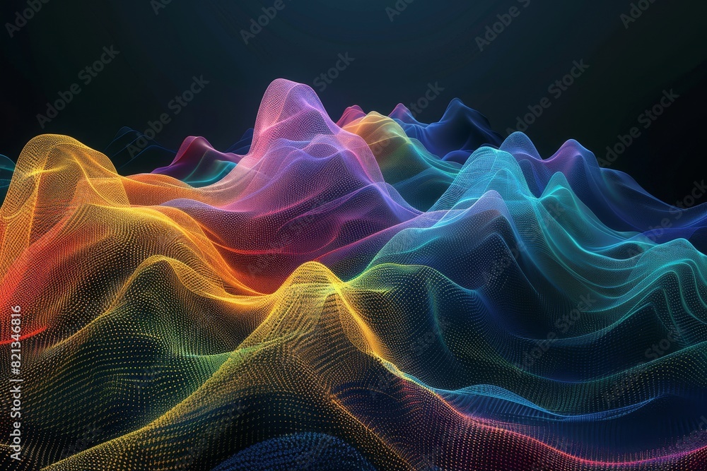 Leinwandbilder Vibrant abstract waves of colorful light creating a mesmerizing digital landscape on a dark background, representing technology and innovation.
