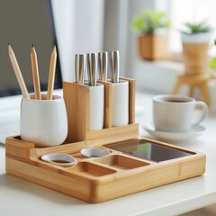 Bamboo Desk Organizer with Cups and Pens. Generative AI.