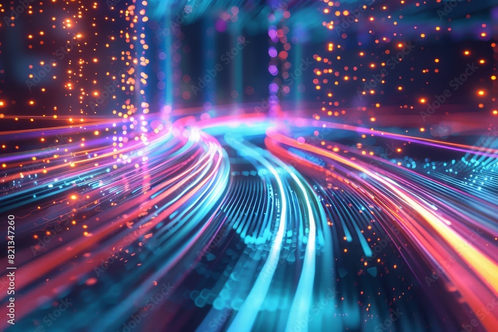 Poster vibrant light trails in a futuristic digital landscape, showcasing dynamic colors and motion, perfec