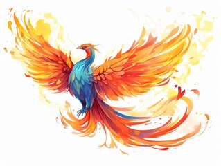 Vibrant illustration of a phoenix rising with fiery wings and a glowing tail, symbolizing rebirth, power, and beauty in a mystical setting.