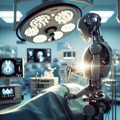 In the hospital operating room, a robot is performing surgical procedures while medical staff oversee the process. The robots precise movements and state-of-the-art technology contribute to the