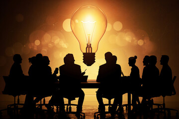 Naklejka premium Silhouettes of people around a table with a large lightbulb illuminating the scene, suggesting a bright idea or innovation