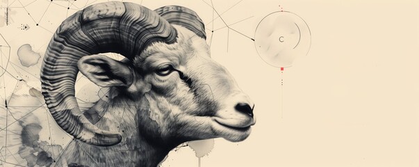A striking black and white depiction of a ram standing proudly