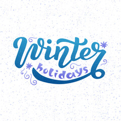 Winter holidays color lettering on textured background. Hand drawn vector illustration with text decor icons for greeting card and advertising. Positive holiday festive quote for poster or concept