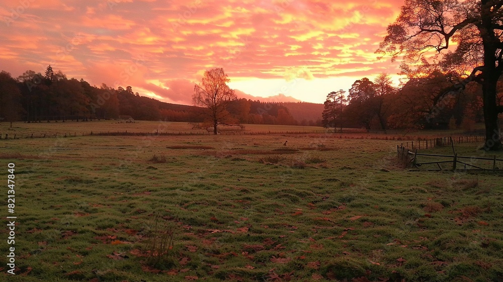 Wall mural   A field of lush green grass, dotted with tall trees, borders a fence up front, while an orange sun sets behind rolling clouds in the sky