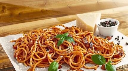 Spaghetti, Bacon, Basil, Parmesan