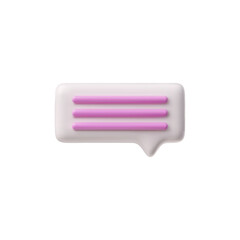 3D glossy white speech bubble with pink text lines, vector render rectangle text bubble volume form, chat message icon