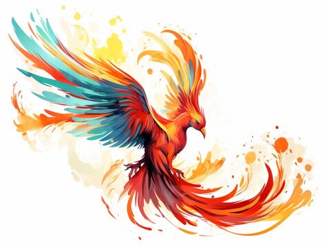 Vibrant watercolor phoenix with colorful wings and bright feathers, symbolizing rebirth, transformation, and renewal in a dynamic art illustration.