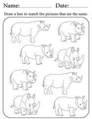 Rhino Puzzle. Printable Activity Page for Kids. Educational Resources for School for Kids. Kids Activity Worksheet. Match Similar Shapes
