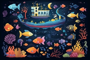 Vivid underwater scene with various colorful fish, vibrant corals, and shipwreck illustration in a dark ocean background.