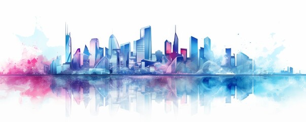 Obraz premium Watercolor painting of a vibrant city skyline with various skyscrapers reflected on a calm water surface.