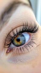 A woman's eye with long lashes and a green iris