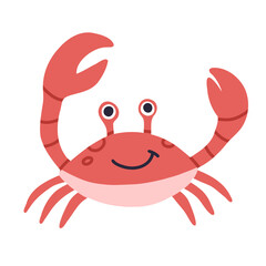 Cute red crab with funny eyes and claws. Sea creature with pincers isolated on white background. Childish colored flat cartoon vector illustration of funny smiling lobster