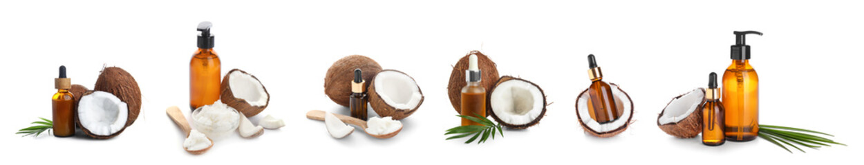 Set of fresh coconut oil on white background