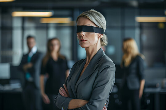 Gesch&auml;ftsfrau mit verbundenen Augen steht im B&uuml;ro 