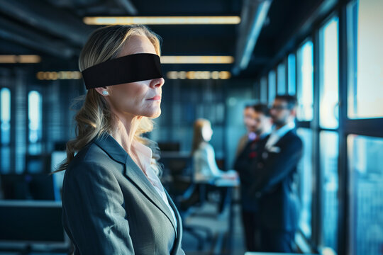 Gesch&auml;ftsfrau mit verbundenen Augen steht im B&uuml;ro 