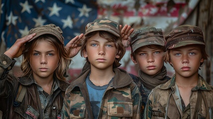 Fototapeta premium boys stand in a row, in camouflage uniforms like the military,generative ai