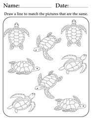 Sea Turtle Puzzle. Printable Activity Page for Kids. Educational Resources for School for Kids. Kids Activity Worksheet. Match Similar Shapes