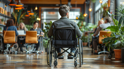 Obraz premium employee in a wheelchair sits in a meeting in the office,generative ai
