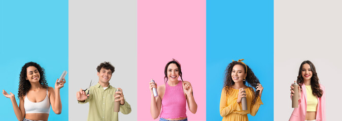 Set of many people with hair sprays on color background