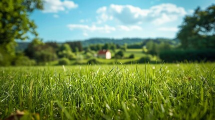 Green grass in the foreground of a wide meadow, country house in the background