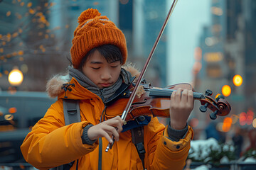 Fototapeta premium Oriental guy plays the violin on the street.